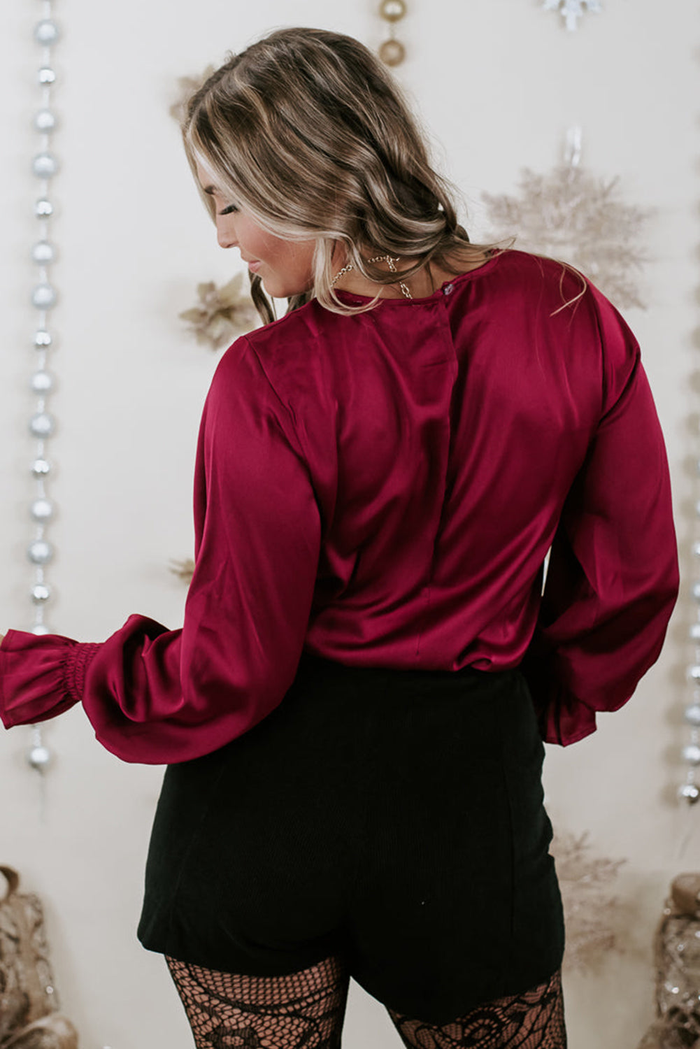 Biking Red Flounce Sleeve Keyhole Back Plus Size Satin Blouse Plus Size JT's Designer Fashion