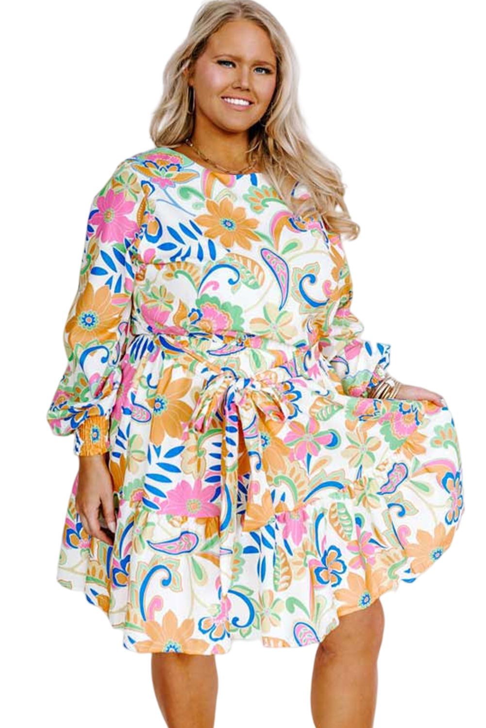 Orange Paisley Floral Print Belted Plus Size Dress Plus Size JT's Designer Fashion