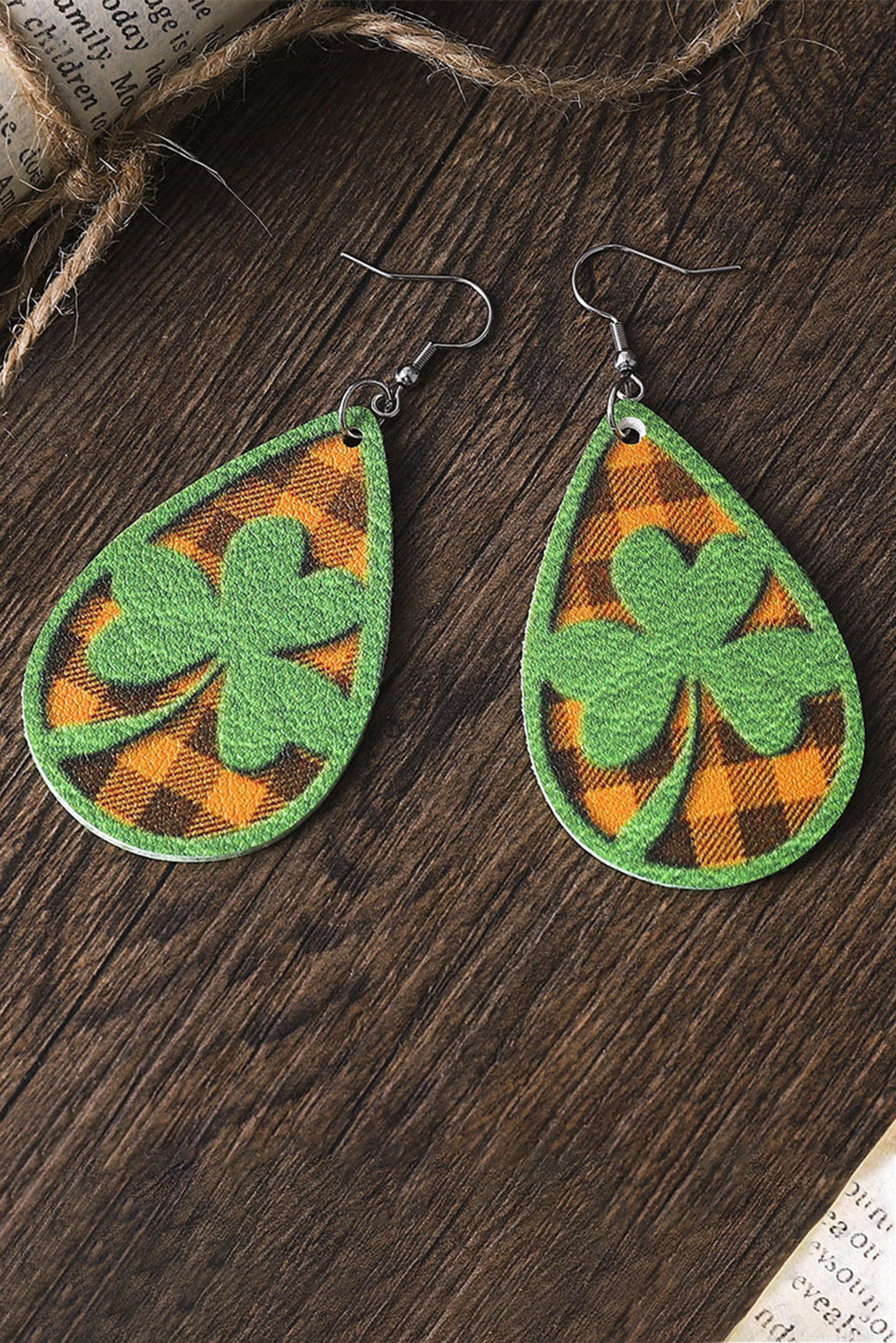 Green St Patrick Clover Emboss Plaid Drop Earrings Jewelry JT's Designer Fashion