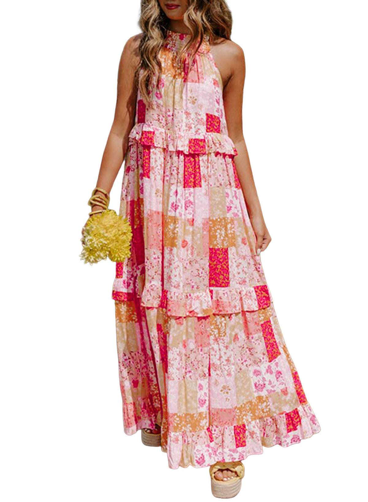 Multicolor Boho Geometric Floral Print Sleeveless Maxi Dress Maxi Dresses JT's Designer Fashion