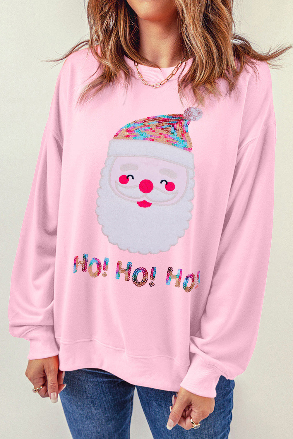 Pink HO HO HO Sequined Santa Claus Sweatshirt Graphic Sweatshirts JT's Designer Fashion