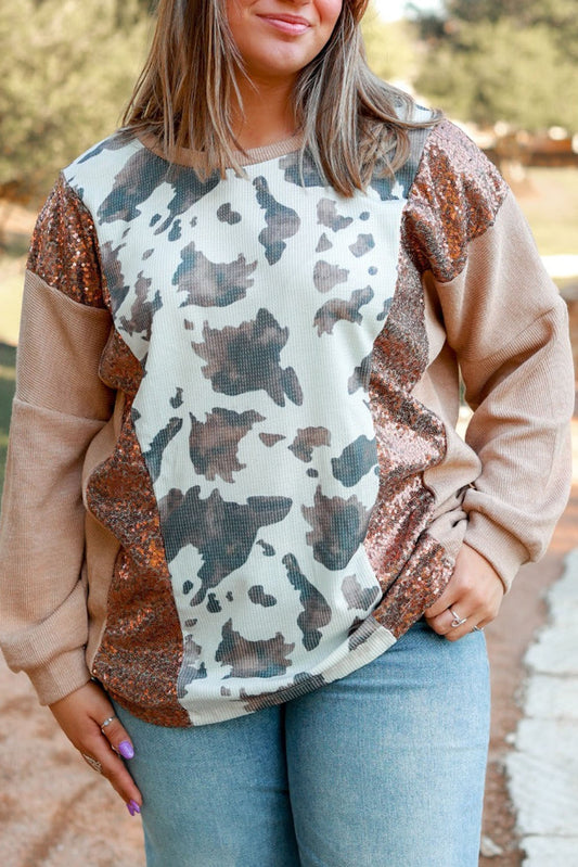 Khaki Sequin Cow Spots Patchwork Plus Size Pullover Plus Size JT's Designer Fashion