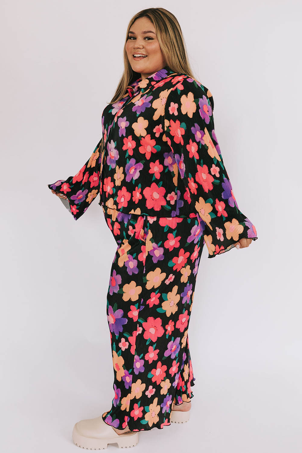 Black Plus Size Floral Long Sleeve Shirt and Pants Set Plus Size JT's Designer Fashion