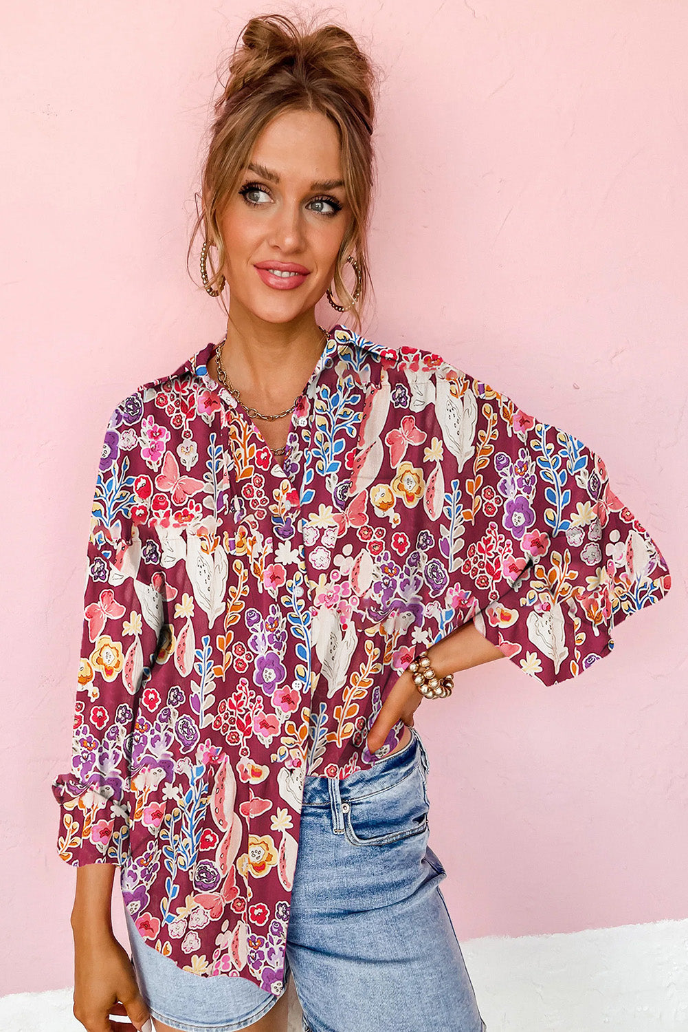 Multicolor Floral Button-Down Long Sleeve Shirt Tops & Tees JT's Designer Fashion