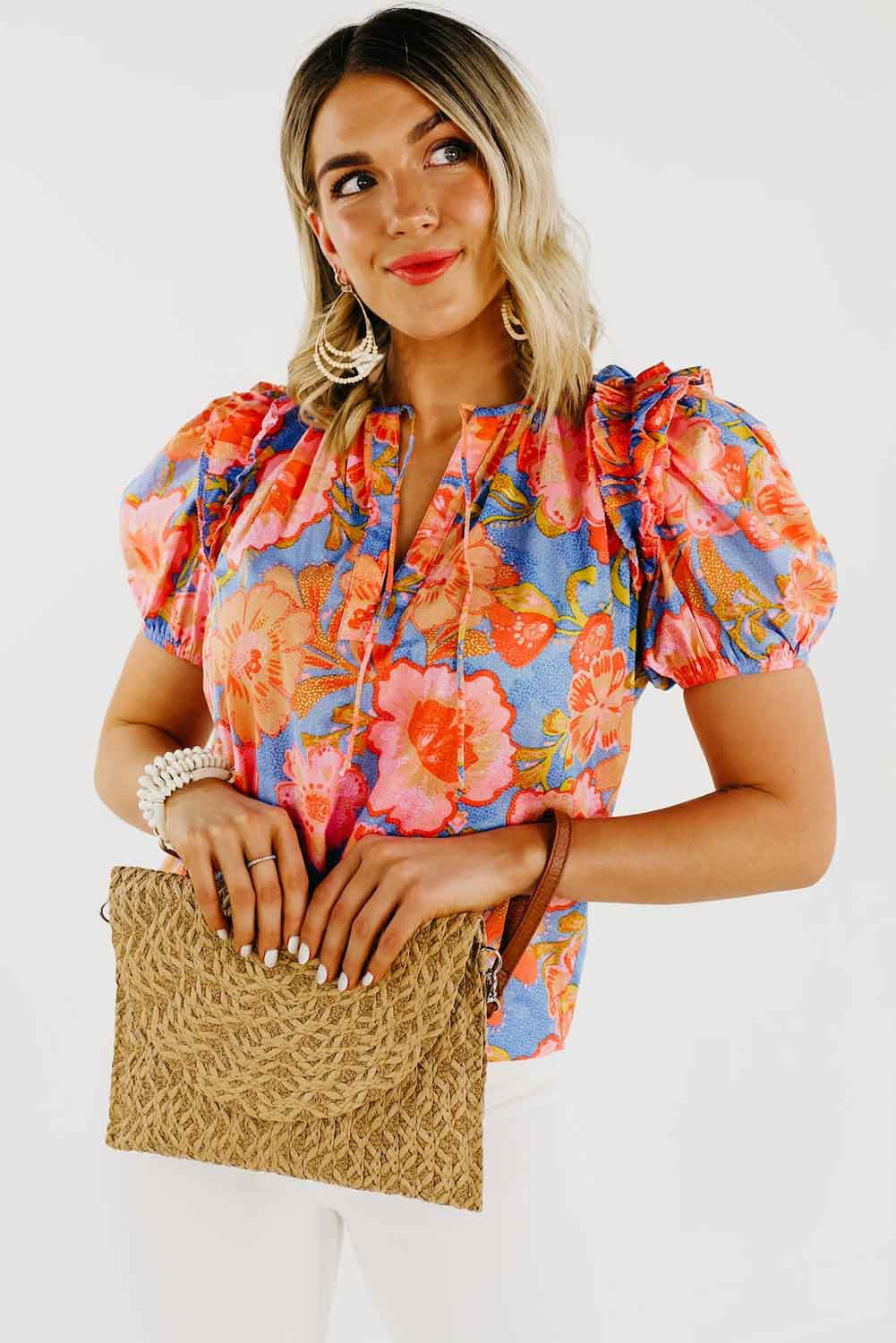 Multicolor Floral Bubble Sleeve V-Neck Plus Size Blouse Plus Size JT's Designer Fashion