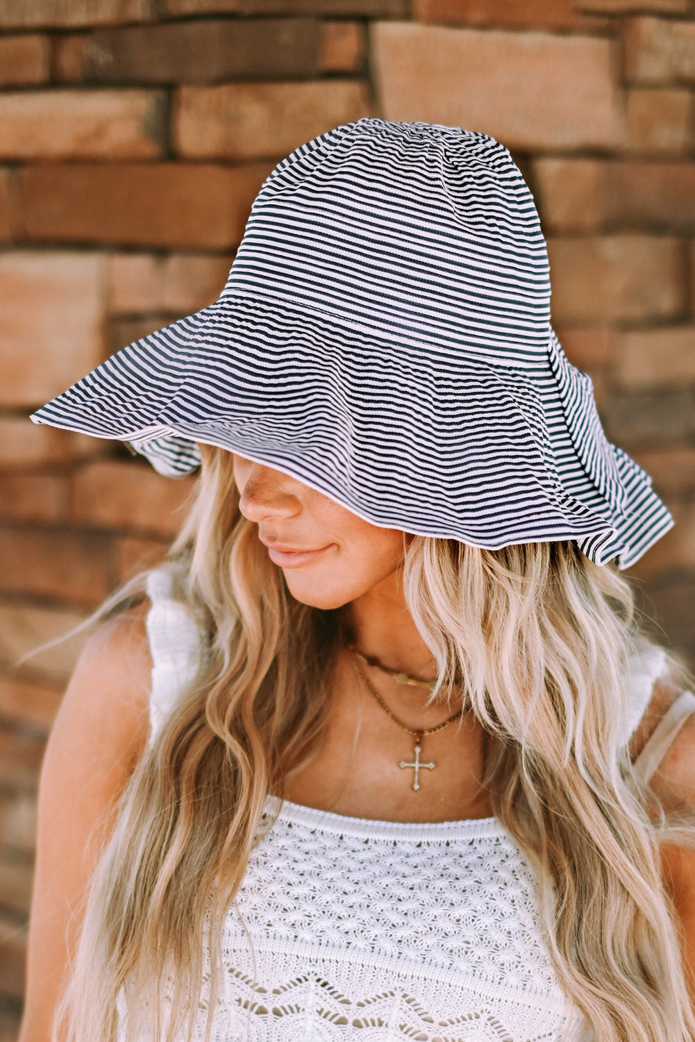 Sky Blue Striped Print Bow Knot Wide Brim Buckle Hat Hats & Caps JT's Designer Fashion