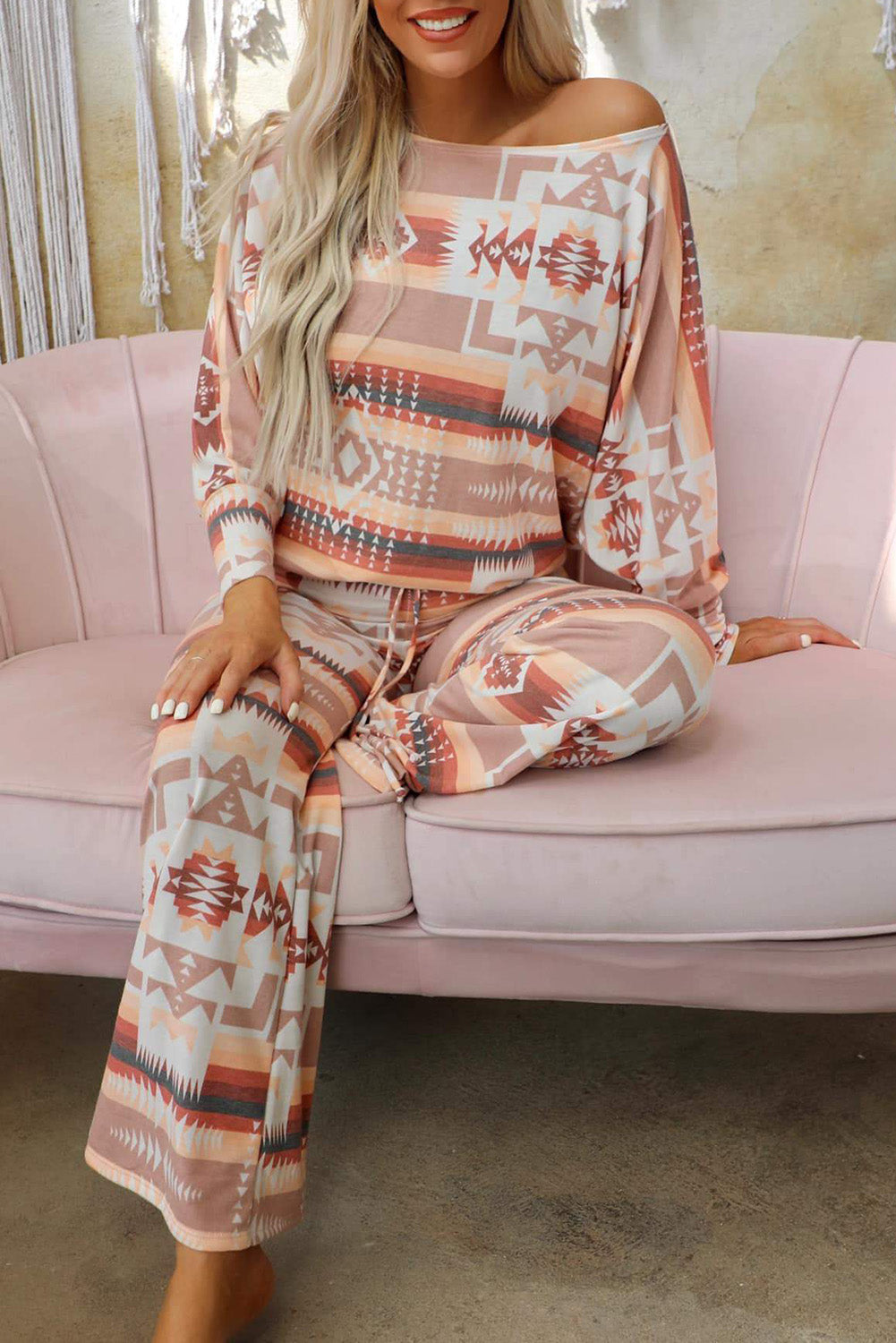 Multicolor Plus Size Aztec Print Flare Pants 2pcs Pajama Set Plus Size JT's Designer Fashion