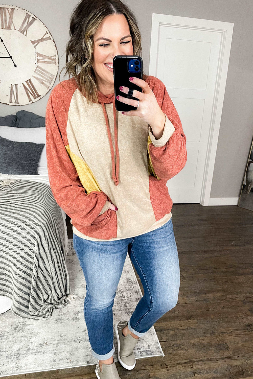 Orange Plus Size Colorblock Raglan Hoodie with Pockets Plus Size JT's Designer Fashion