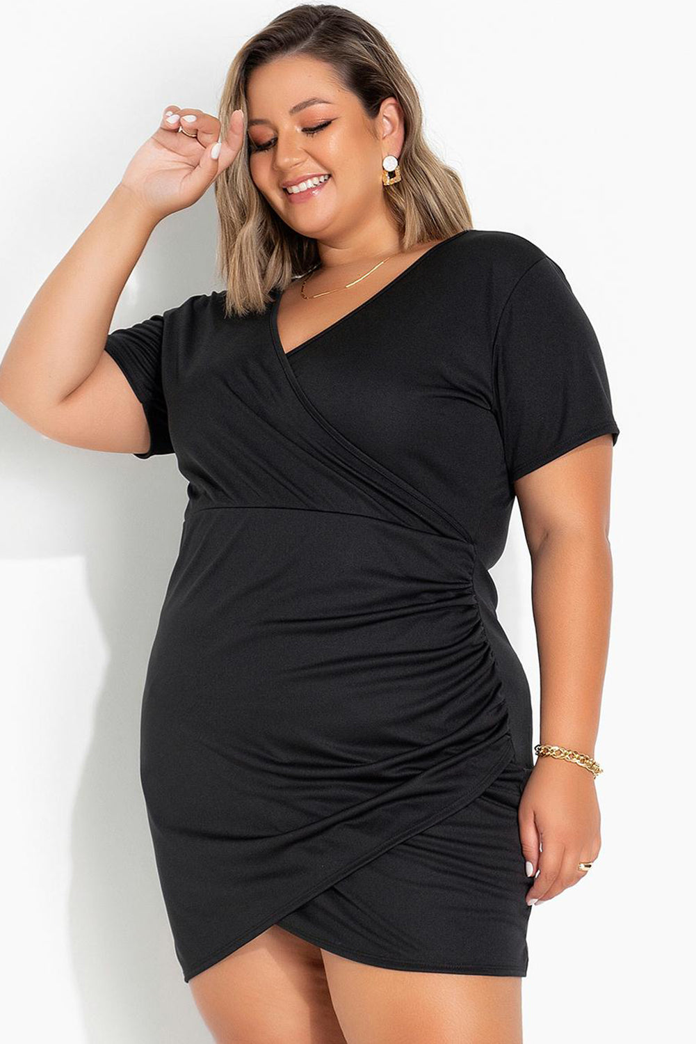 Black Wrap Ruched Short Sleeves Plus Size Mini Dress Plus Size Dresses JT's Designer Fashion