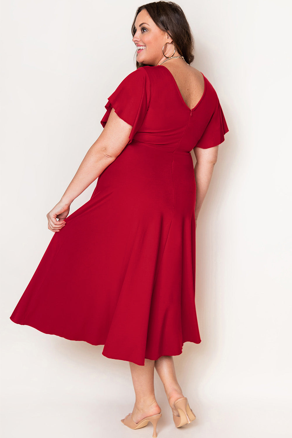 Red Plus Size Short Flutter Sleeve Midi Dress Plus Size Dresses JT's Designer Fashion