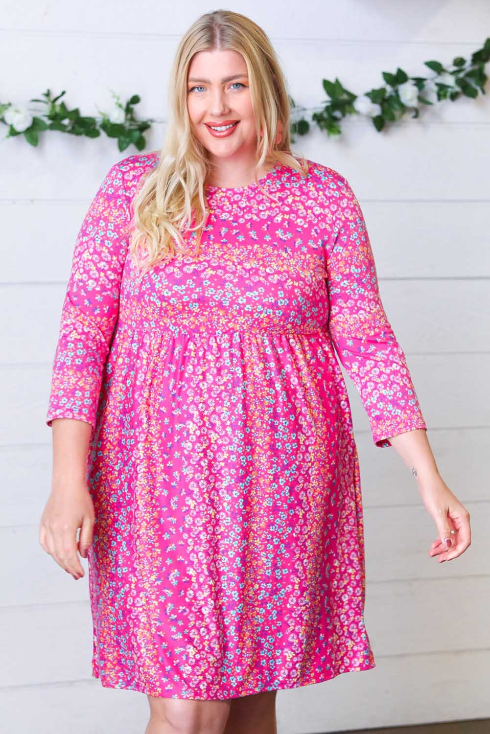 Pink Plus Size Sweet Floral Pocketed 3/4 Sleeve Dress Plus Size JT's Designer Fashion