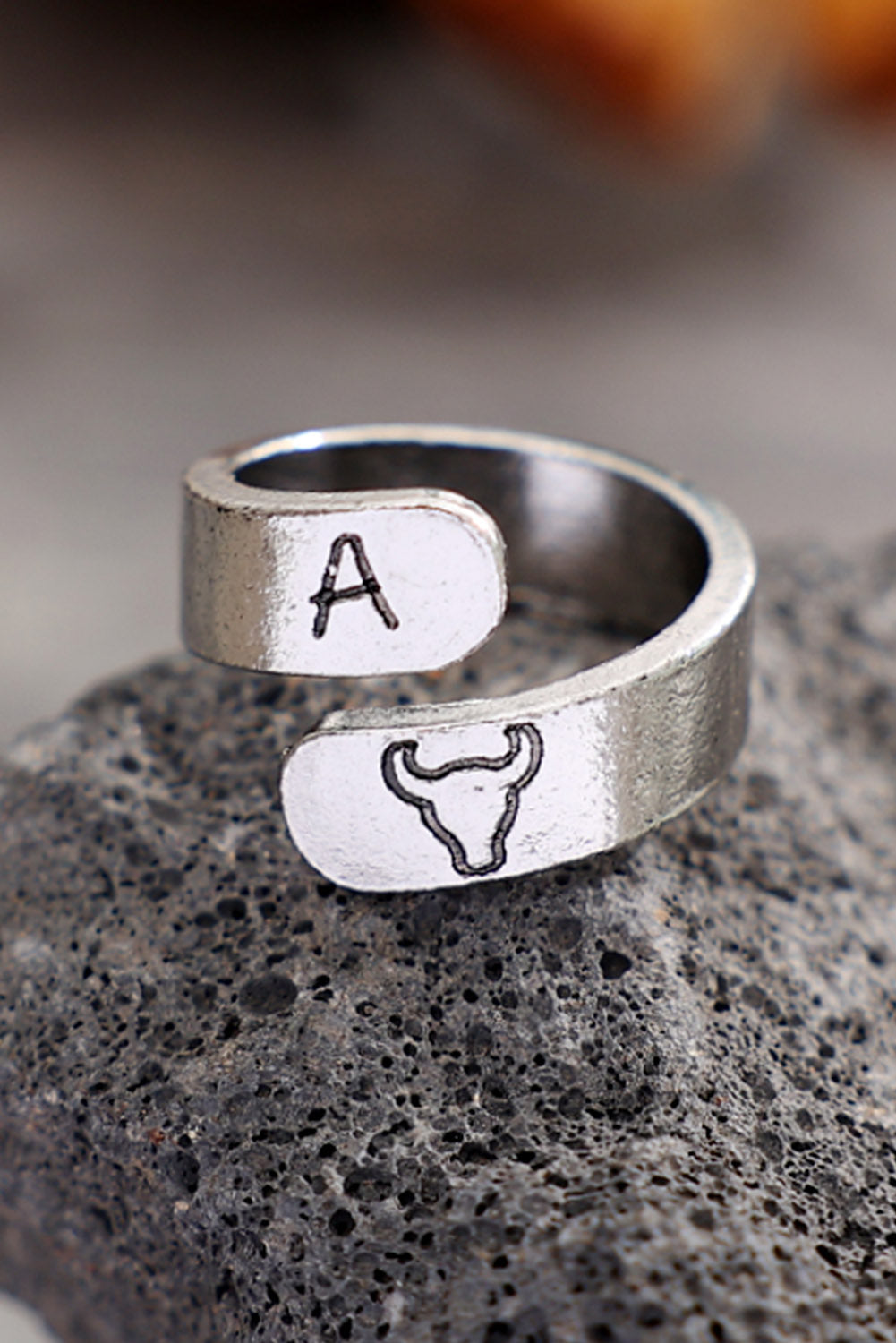 Silver Western Bull Head Alphabet Carving Ring Jewelry JT's Designer Fashion