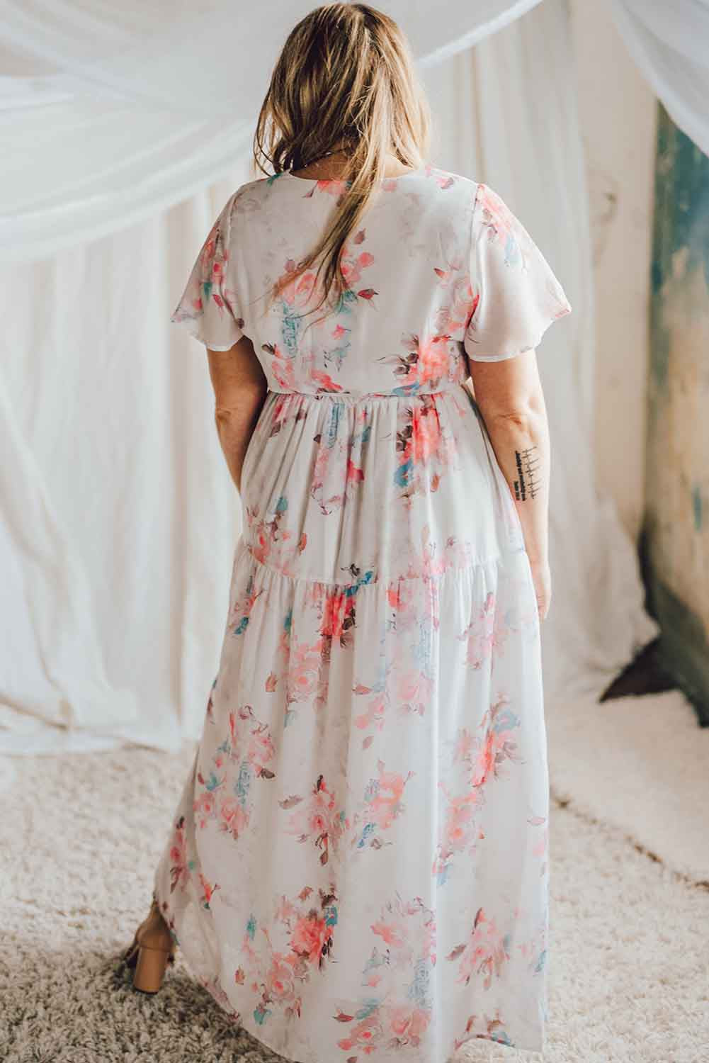 White Floral Print Lace-up High Waist Plus Size Maxi Dress Plus Size JT's Designer Fashion