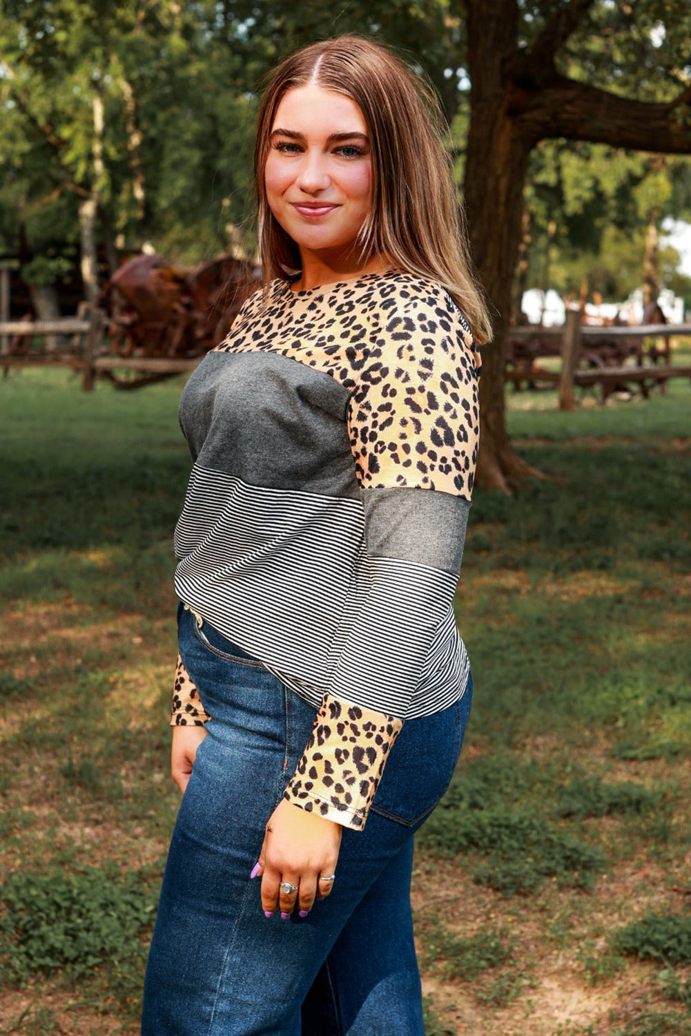 Leopard Plus Size Cow/Leopard Stripes Patchwork Long Sleeve Tee Plus Size JT's Designer Fashion