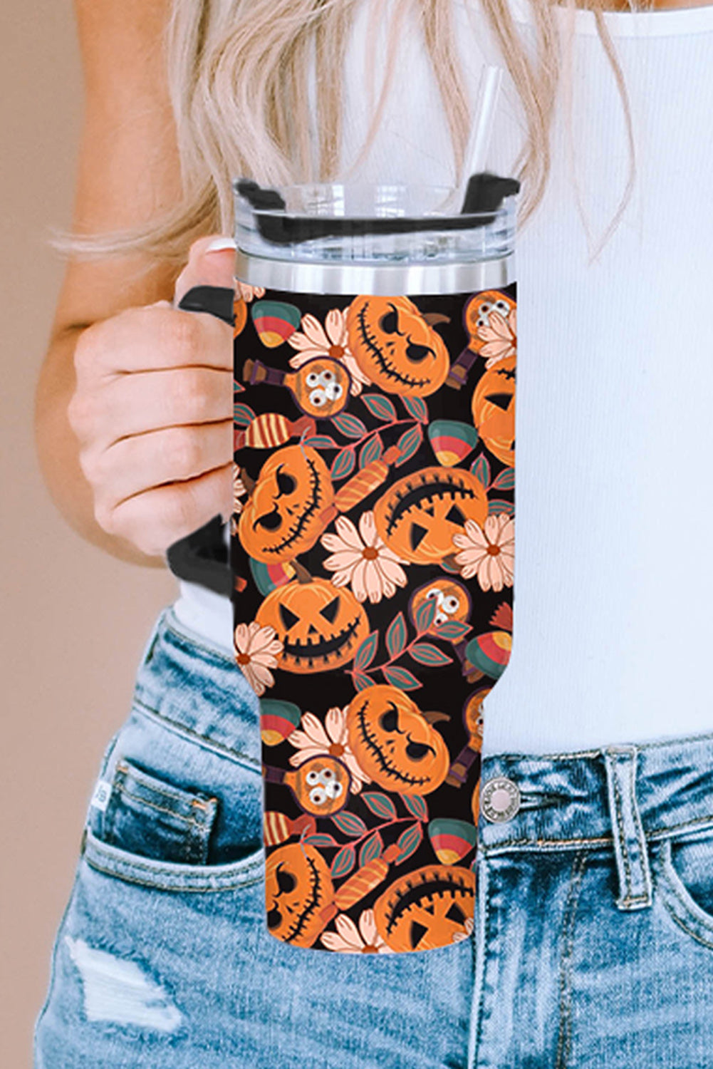 Multicolour Halloween Pumpkin Print 304 Stainless Vacuum Cup Tumblers JT's Designer Fashion