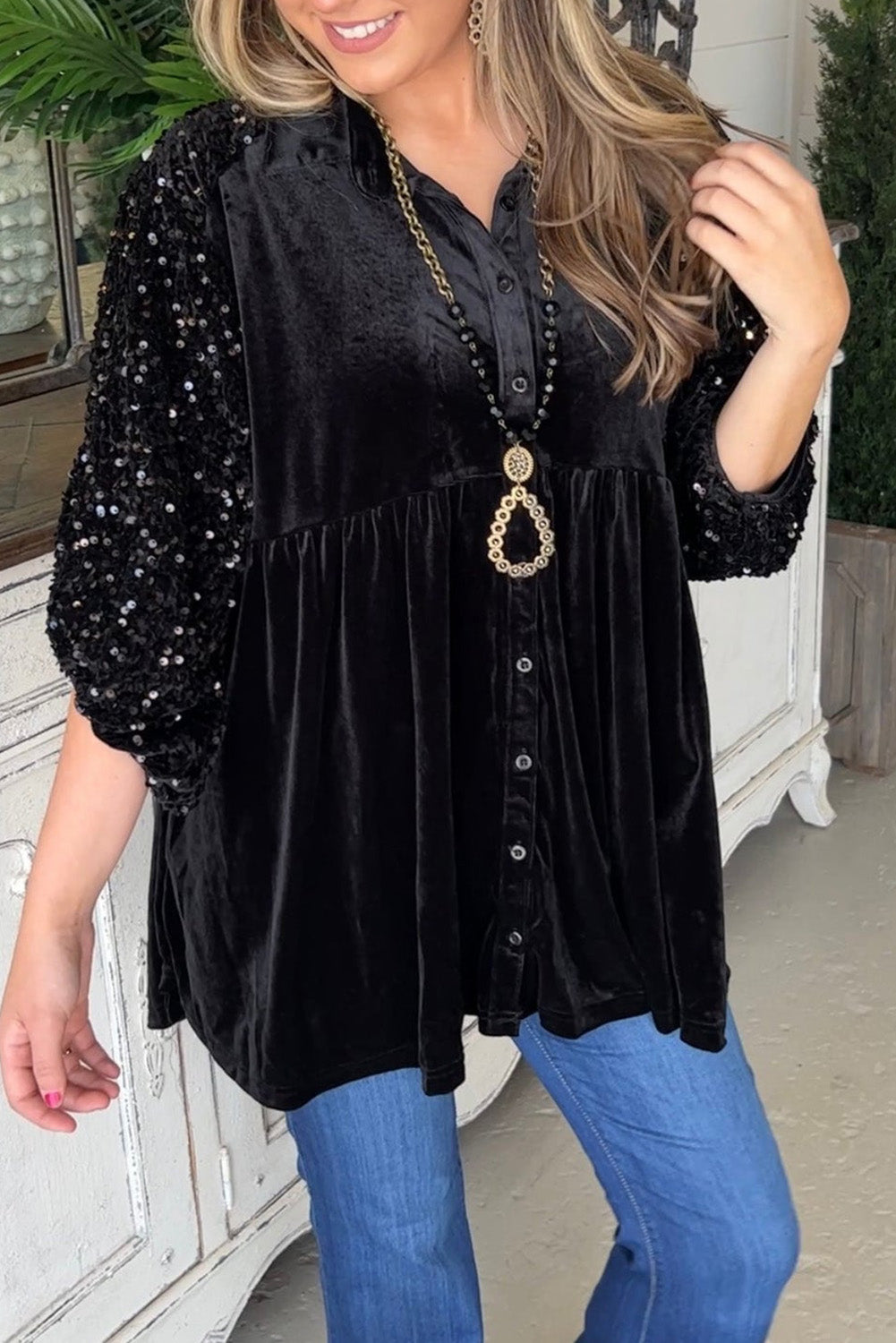 Black Sequin Puff Sleeve Buttoned Velvet Babydoll Blouse Tops & Tees JT's Designer Fashion