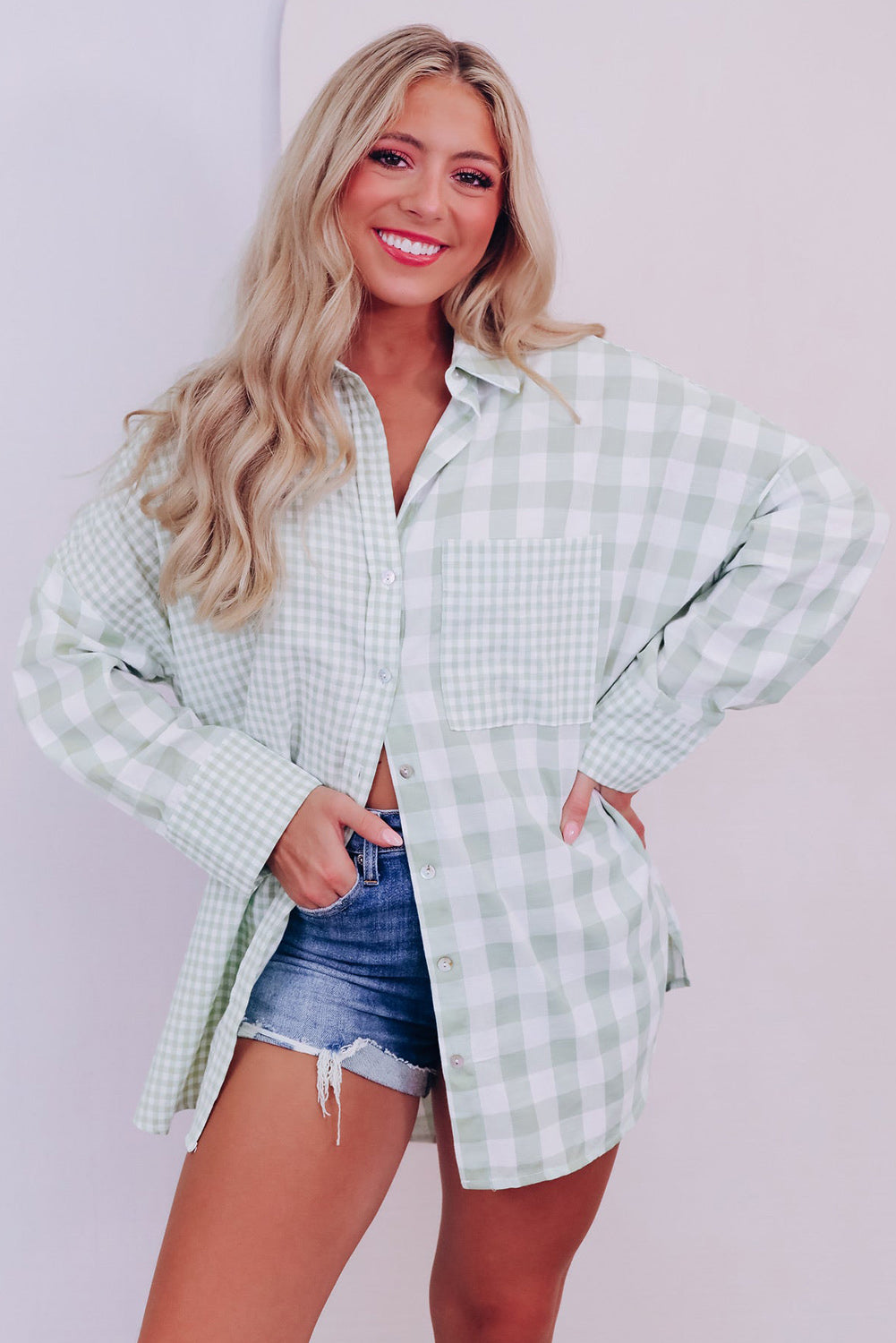 Green Mix Checked Patchwork Long Sleeve Shirt Tops & Tees JT's Designer Fashion