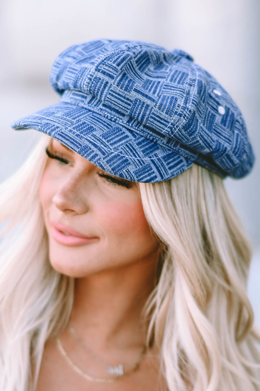 Sky Blue Vintage Checkered Denim Octagonal Hats Hats & Caps JT's Designer Fashion