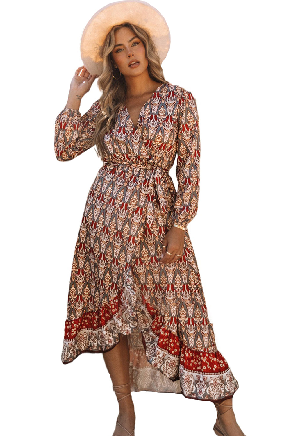 Multicolor Boho Floral Print Ruffle Trim Wrap Belted Dress Floral Dresses JT's Designer Fashion