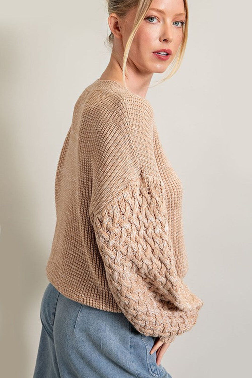 Parchment Cable Knit Sleeve Drop Shoulder Sweater Sweaters & Cardigans JT's Designer Fashion