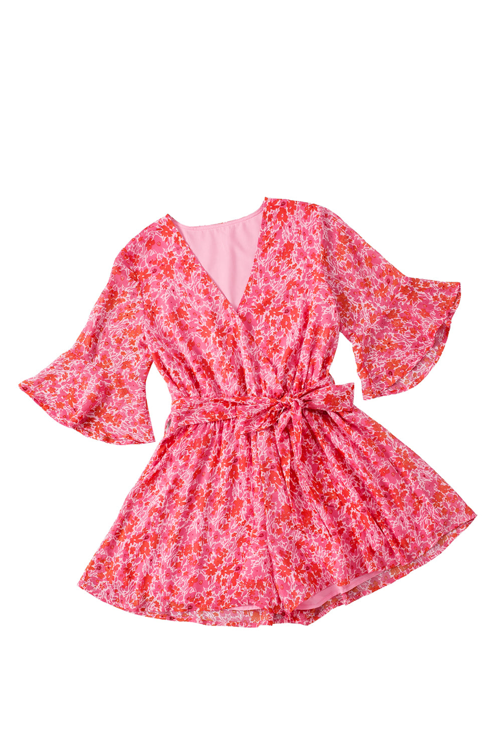 Pink V Neck Ruffled Sleeve Floral Romper Jumpsuits & Rompers JT's Designer Fashion