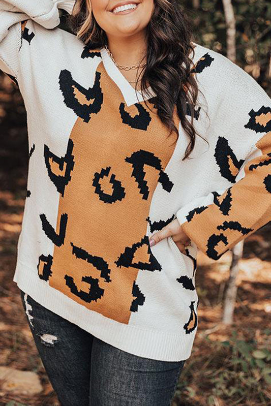 Orange Leopard Print Colorblock Drop Shoulder Plus Size Sweater Plus Size Tops JT's Designer Fashion