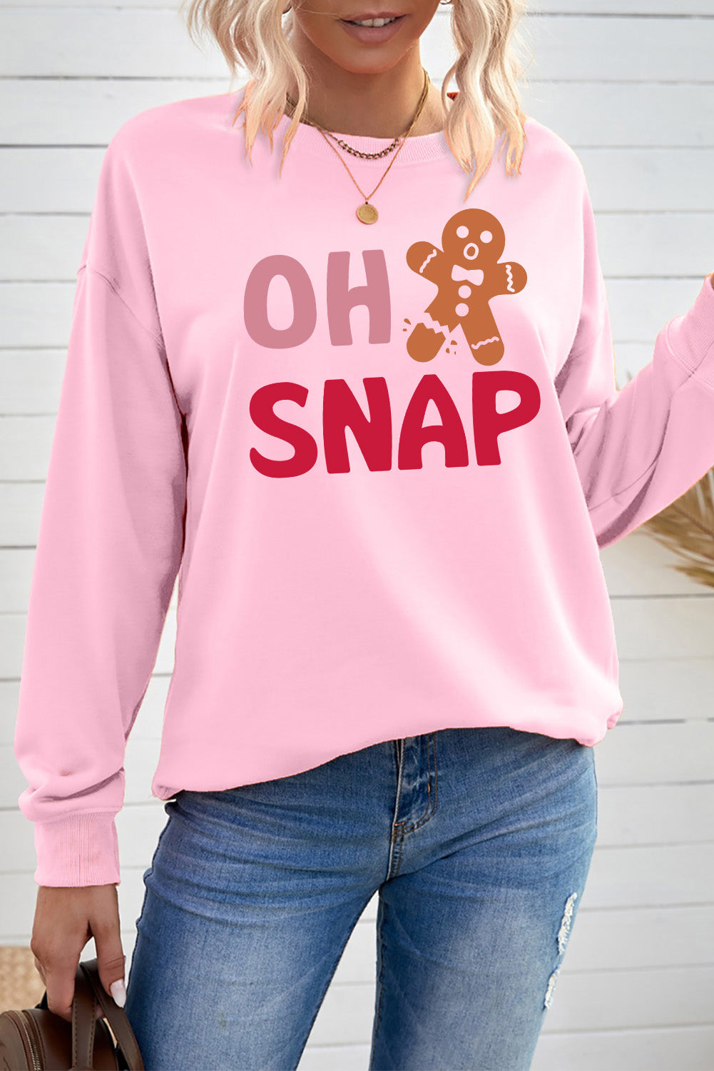 Pink OH SNAP Gingerbread Man Christmas Pullover Sweatshirt Graphic Sweatshirts JT's Designer Fashion