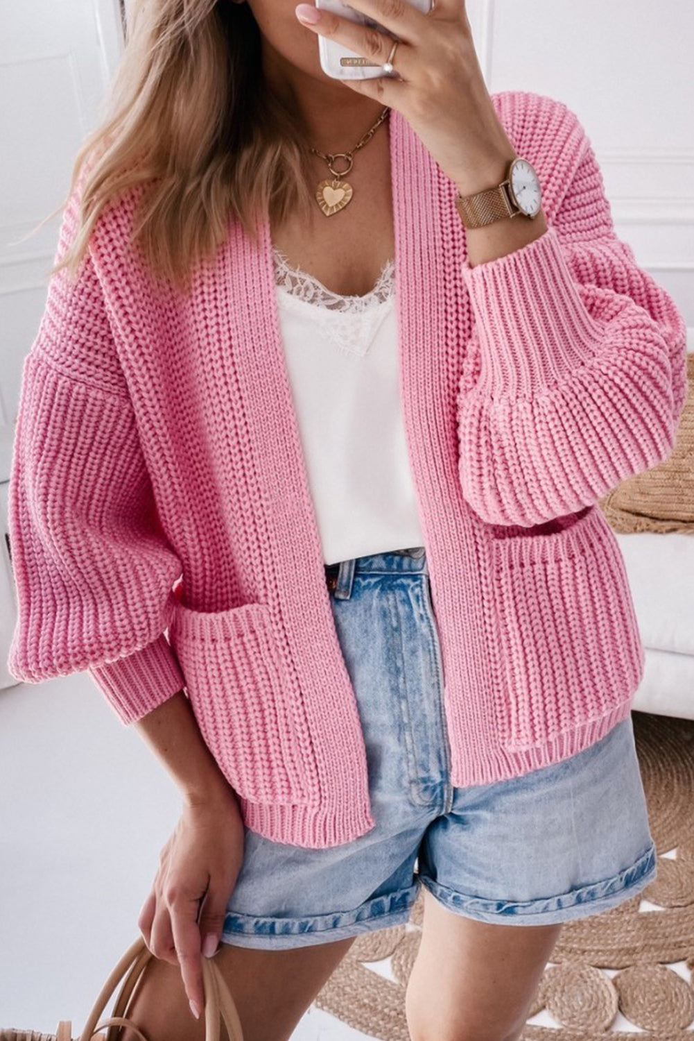 Pink Solid Pocketed Open Short Cardigan Pre Order Sweaters & Cardigans JT's Designer Fashion