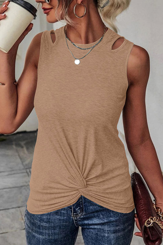 Khaki Rib Knit Cut-out Front Twist Tank Top Flaxen 95%Polyester+5%Elastane Tank Tops JT's Designer Fashion