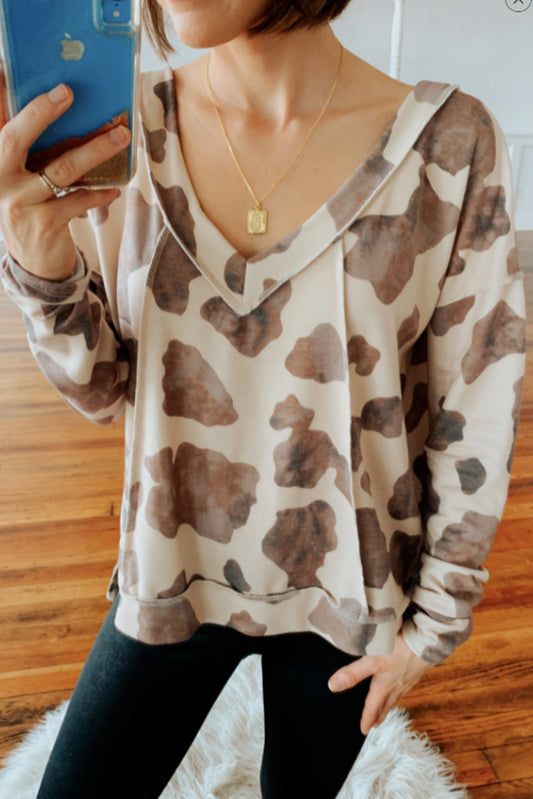 Brown V Neck Animal Print Long Sleeve Top Brown 95%Polyester+5%Elastane Long Sleeve Tops JT's Designer Fashion