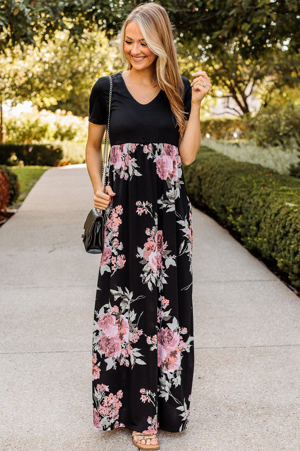 Black Contrast Floral Empire Waist Maxi Dress Maxi Dresses JT's Designer Fashion