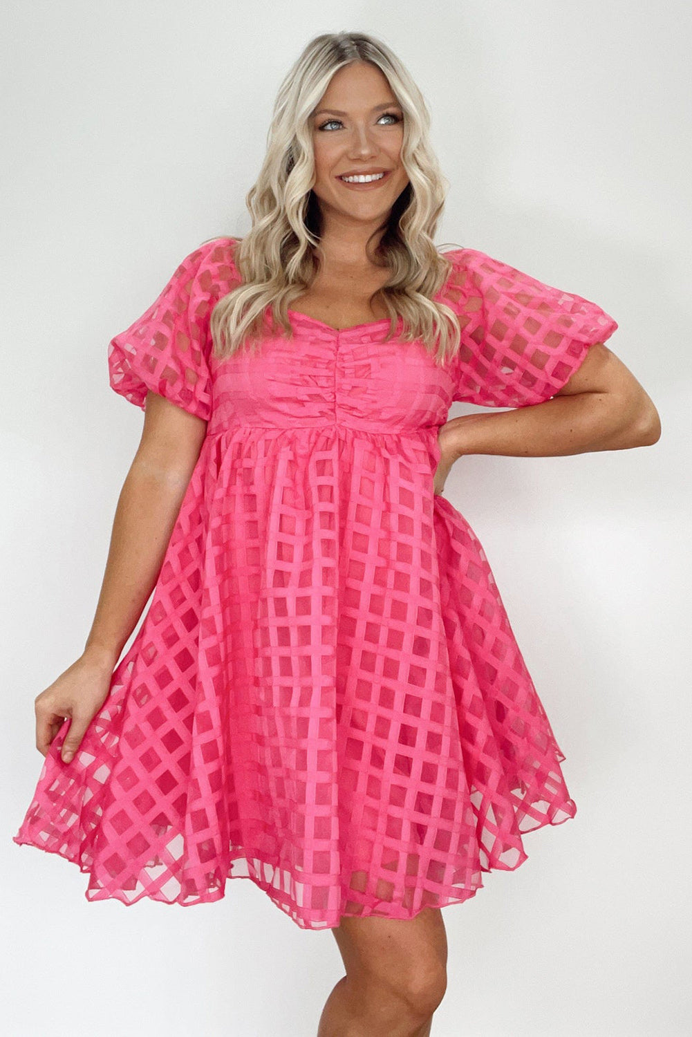 Strawberry Pink Checkered Mesh Puff Sleeve Babydoll Mini Dress Dresses JT's Designer Fashion