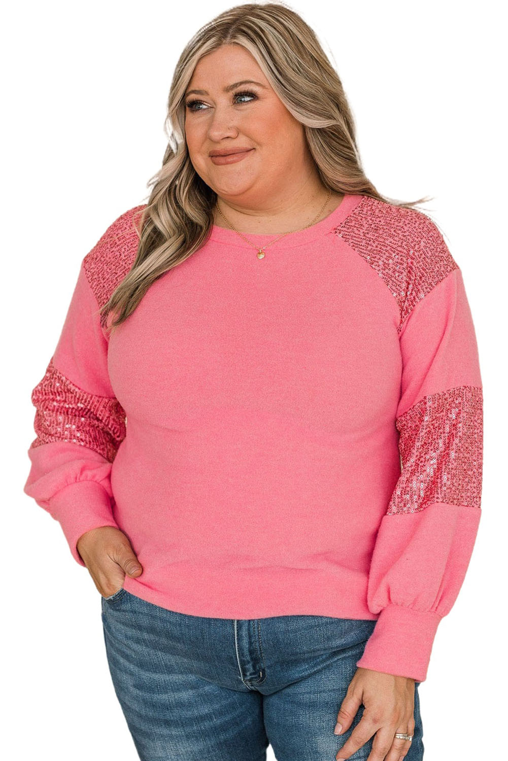 Pink Plus Size Sequin Patchwork Top Plus Size JT's Designer Fashion