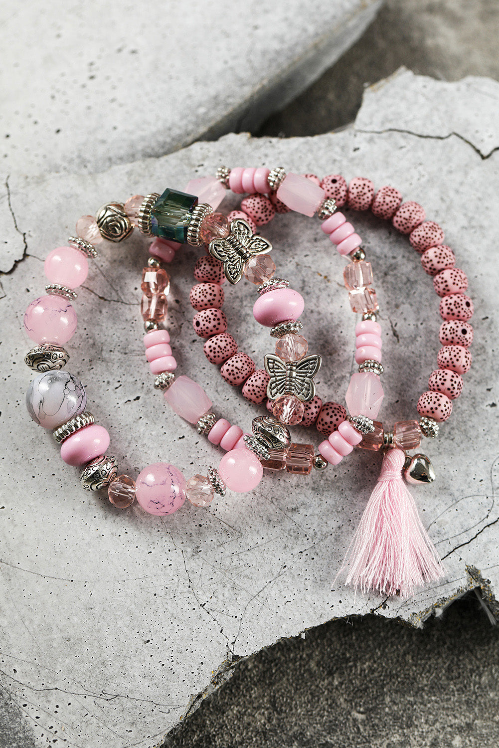 Light Pink Butterfly Beaded Tassel Multi-layered Bracelet Jewelry JT's Designer Fashion