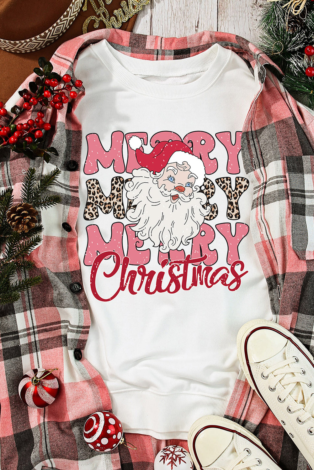 Beige MERRY Christmas Santa Claus Print Crewneck Sweatshirt Graphic Sweatshirts JT's Designer Fashion