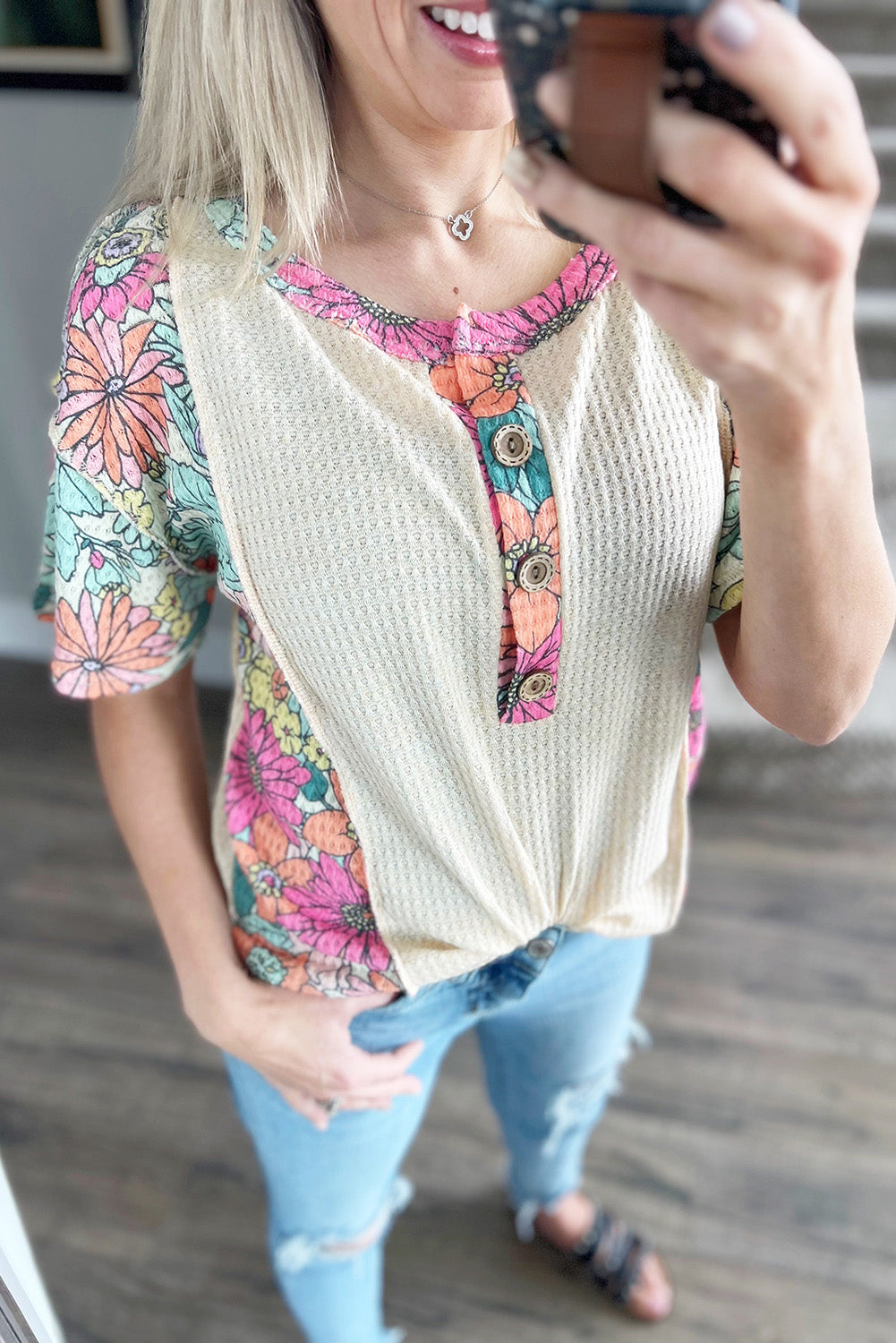 Beige Contrast Floral Detail Textured Henley Button Top Tops & Tees JT's Designer Fashion