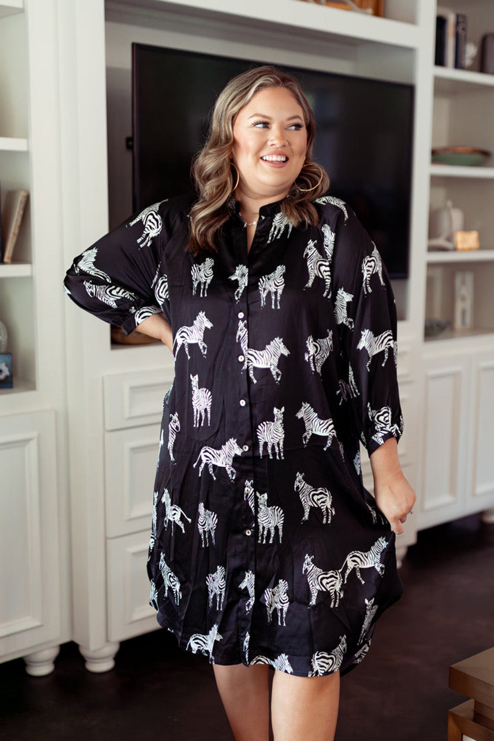 Black Printed Zebra Allover Plus Size Midi Shirt Dress Plus Size JT's Designer Fashion