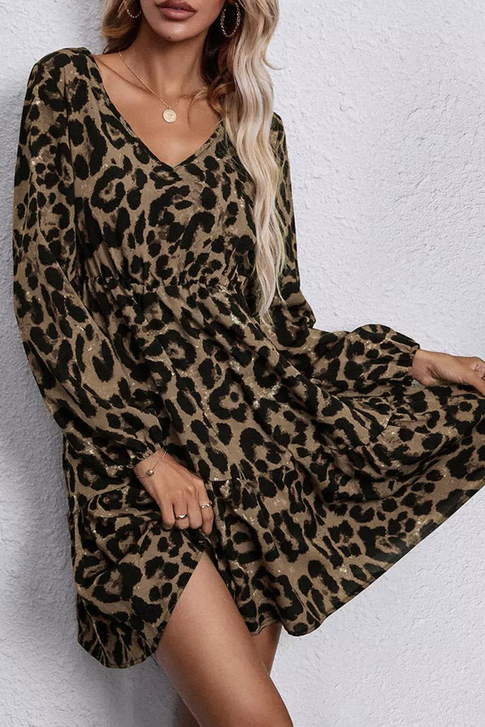 Printed Plus Size Leopard Puff Sleeve V-Neck Ruffle Dress Plus Size JT's Designer Fashion