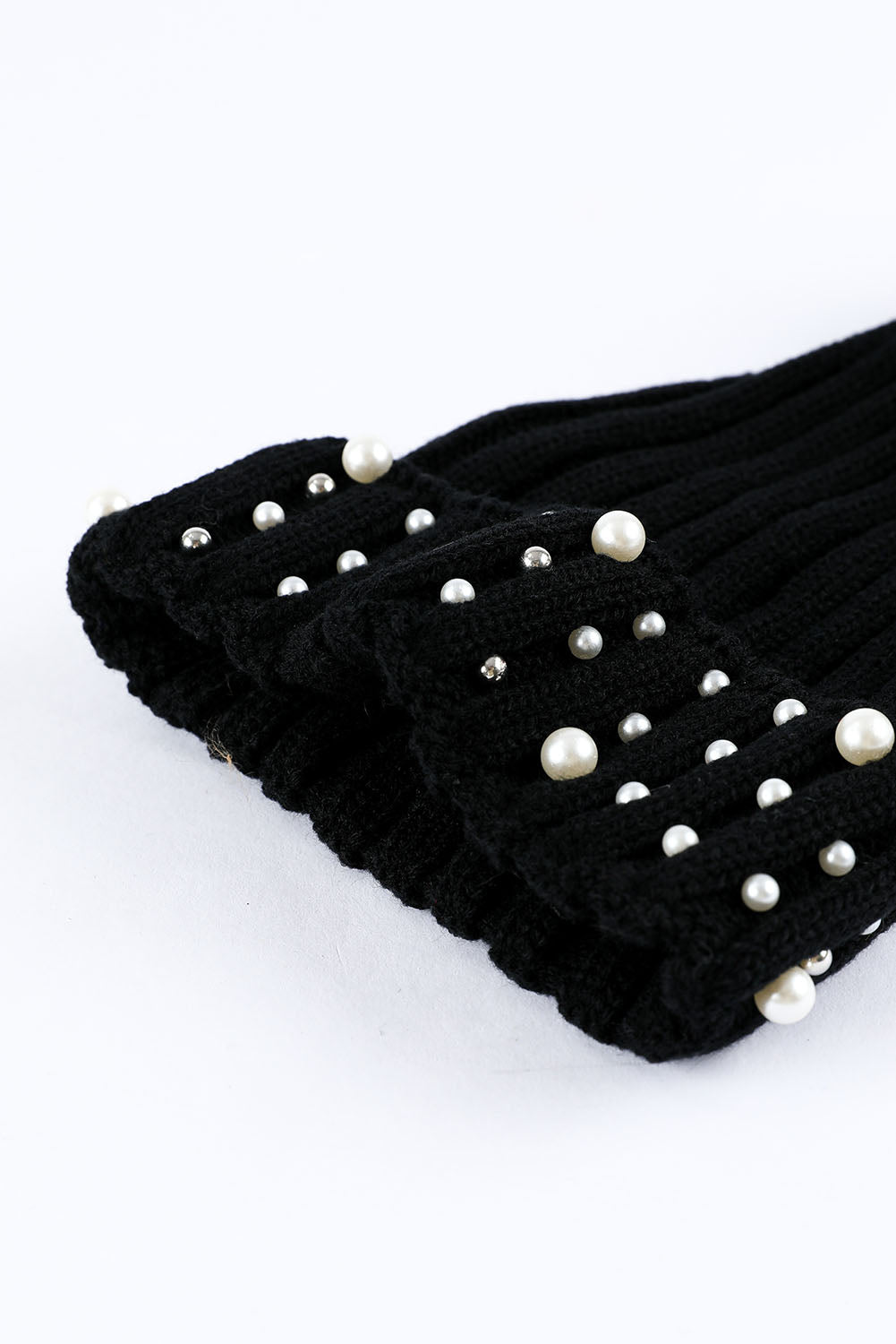 Black Faux Pearl & Pompom Decor Cuff Beanie Hats & Caps JT's Designer Fashion