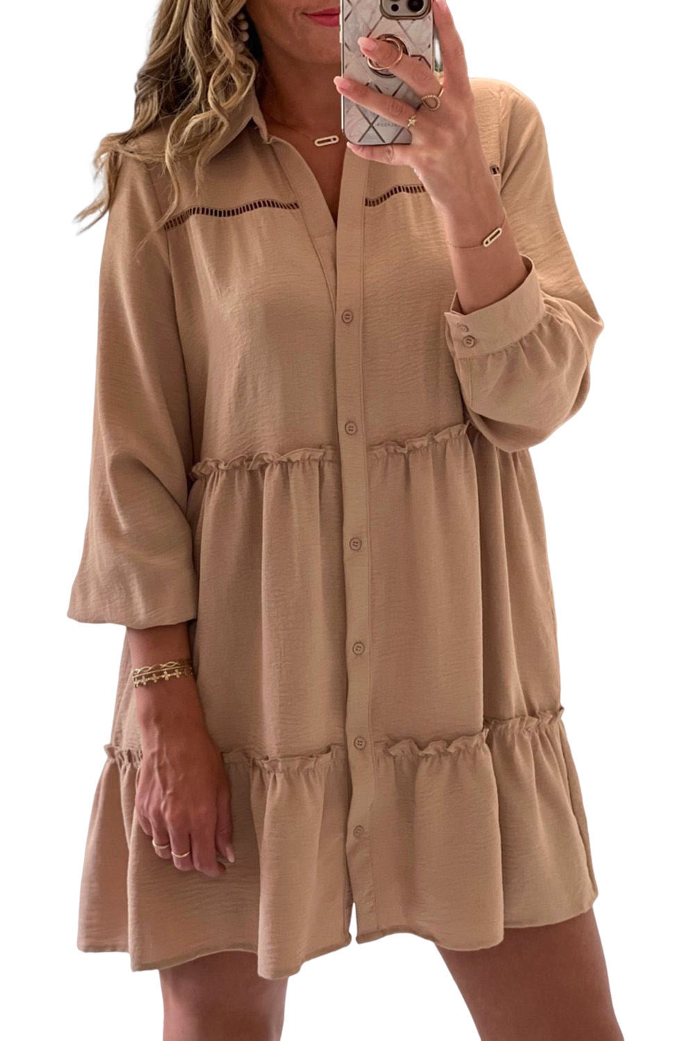 Khaki Tiered Frilled Button-up A-line Mini Dress Mini Dresses JT's Designer Fashion