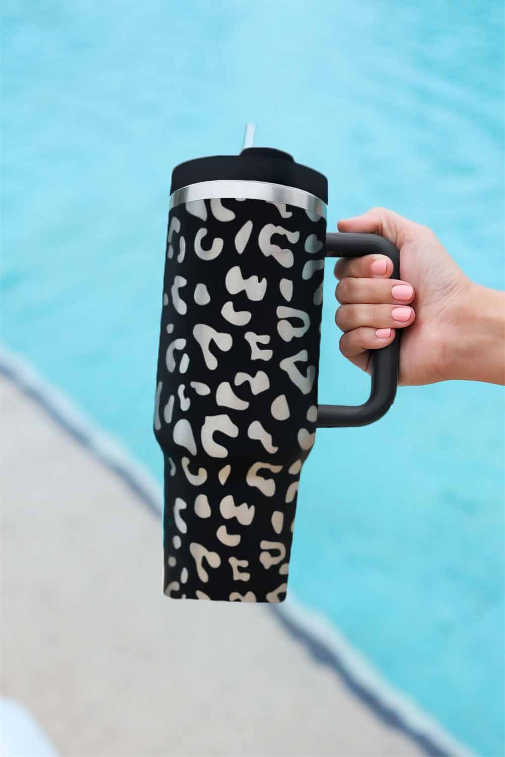 Black Leopard Print 40OZ Stainless Steel Portable Cup with Handle Tumblers JT's Designer Fashion