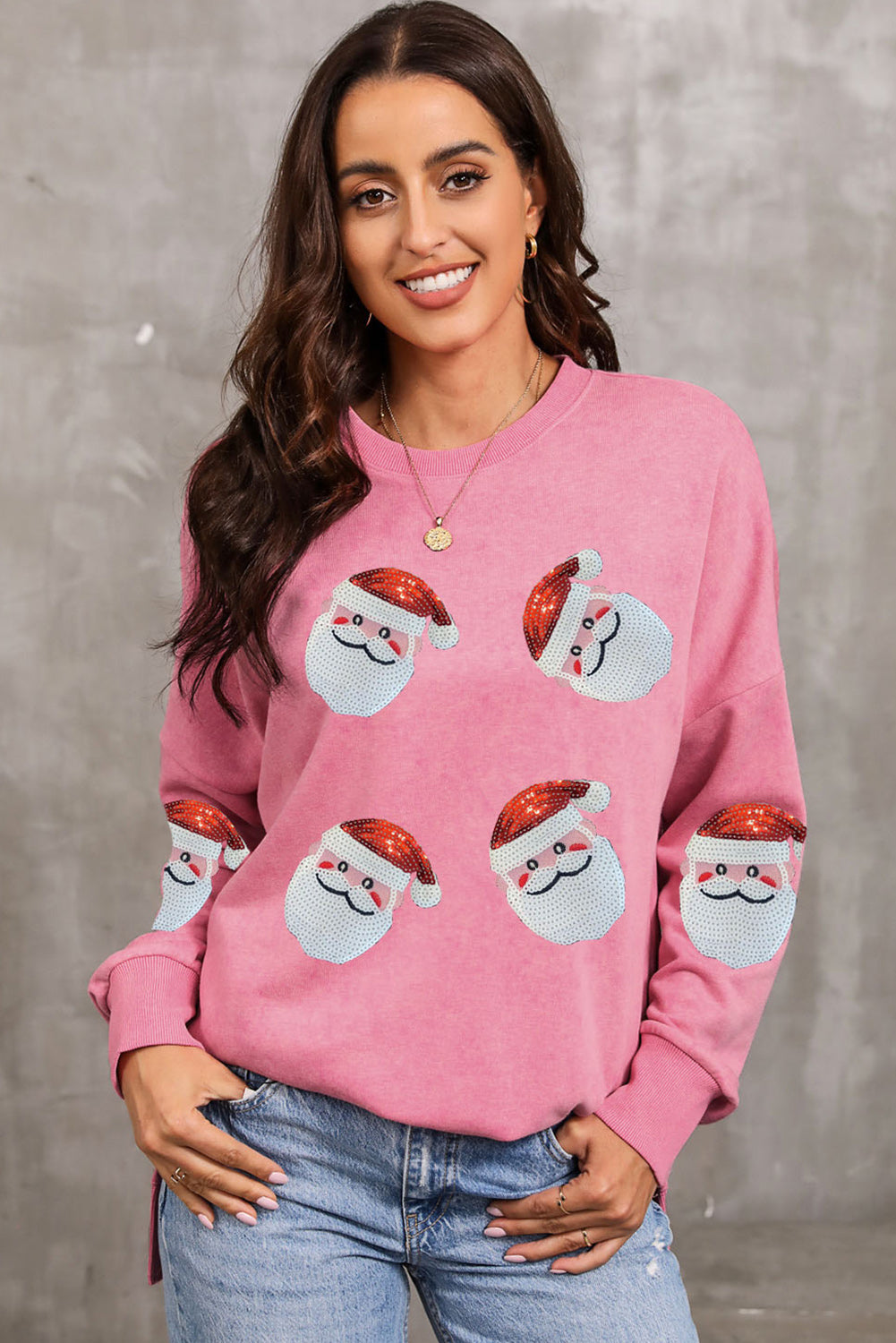 Pink Sequined Santa Clause Graphic Split Sweatshirt Graphic Sweatshirts JT's Designer Fashion