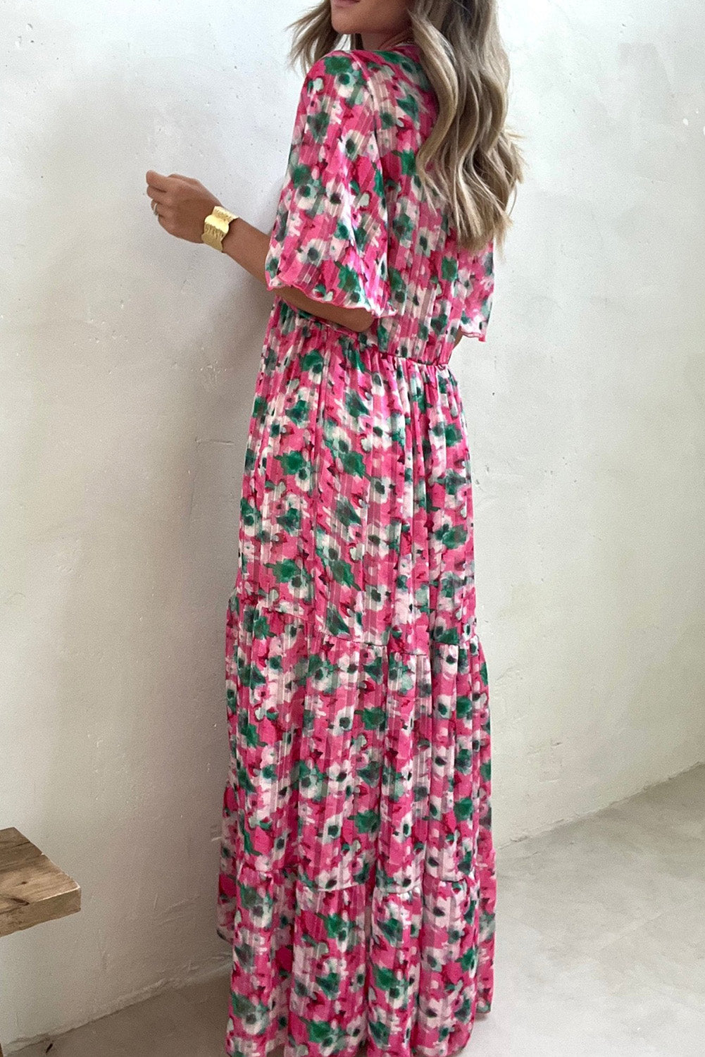 Pink Wide Sleeves Floral Print Maxi Dress Maxi Dresses JT's Designer Fashion