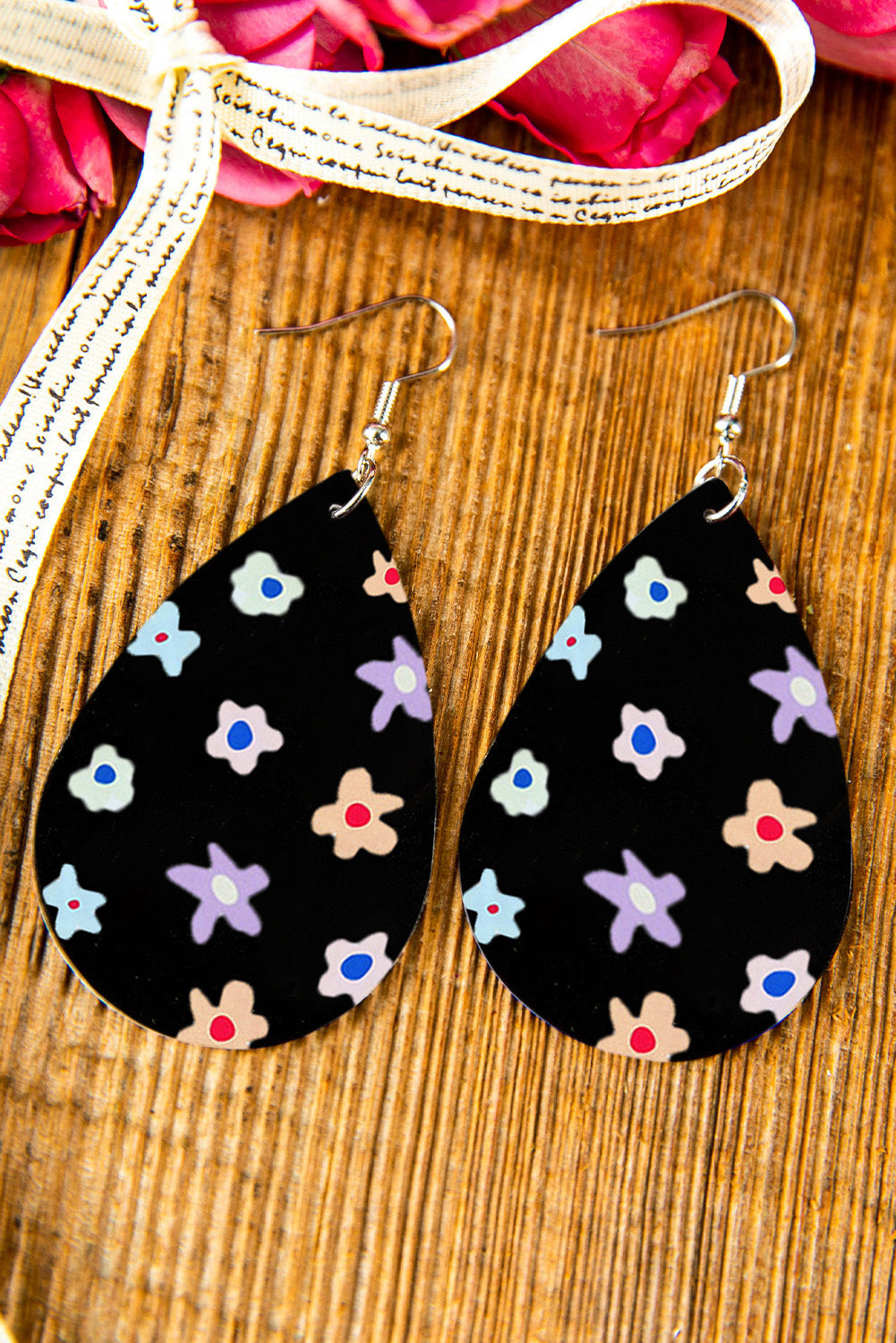 Black Floral Print PU Water Drop Hook Earrings Jewelry JT's Designer Fashion