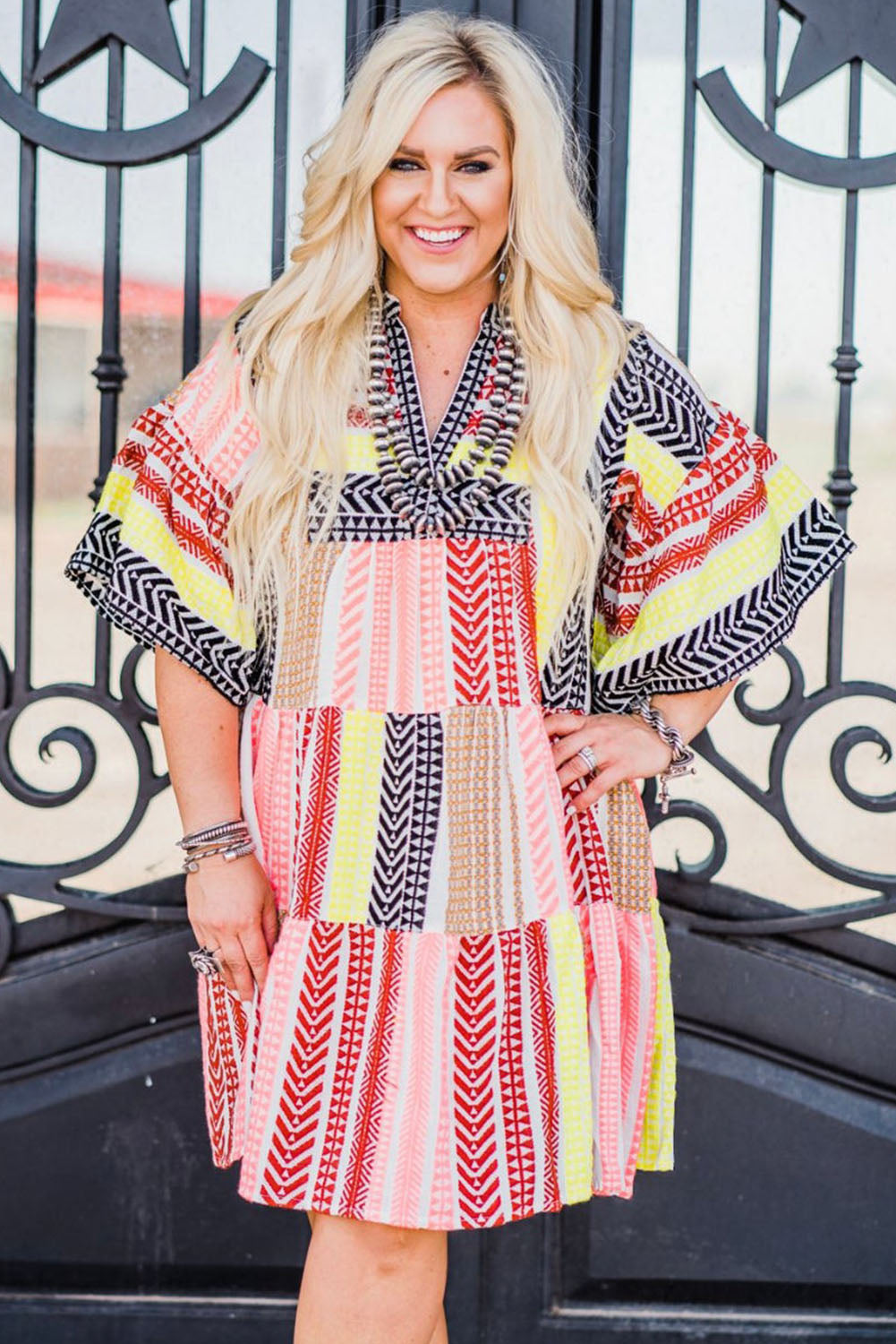 Multicolor Plus Size Tribal Stripe Print Tiered Swing Dress Plus Size Dresses JT's Designer Fashion