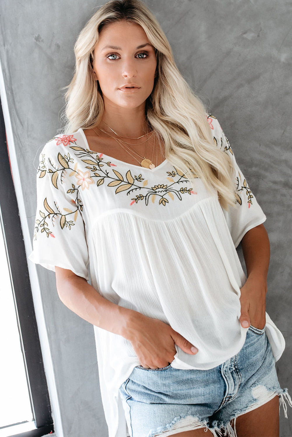 White Floral Embroidered V Neck Crinkle Babydoll Blouse Blouses & Shirts JT's Designer Fashion