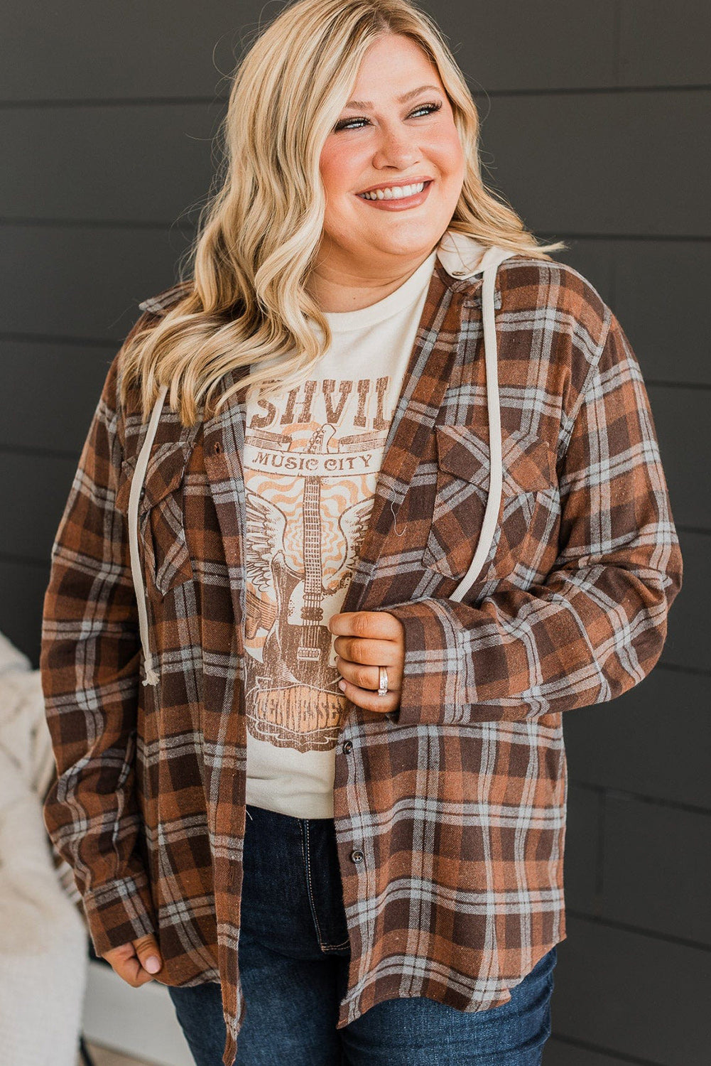 Brown Plus Size Plaid Contrast Hooded Shirt Plus Size JT's Designer Fashion