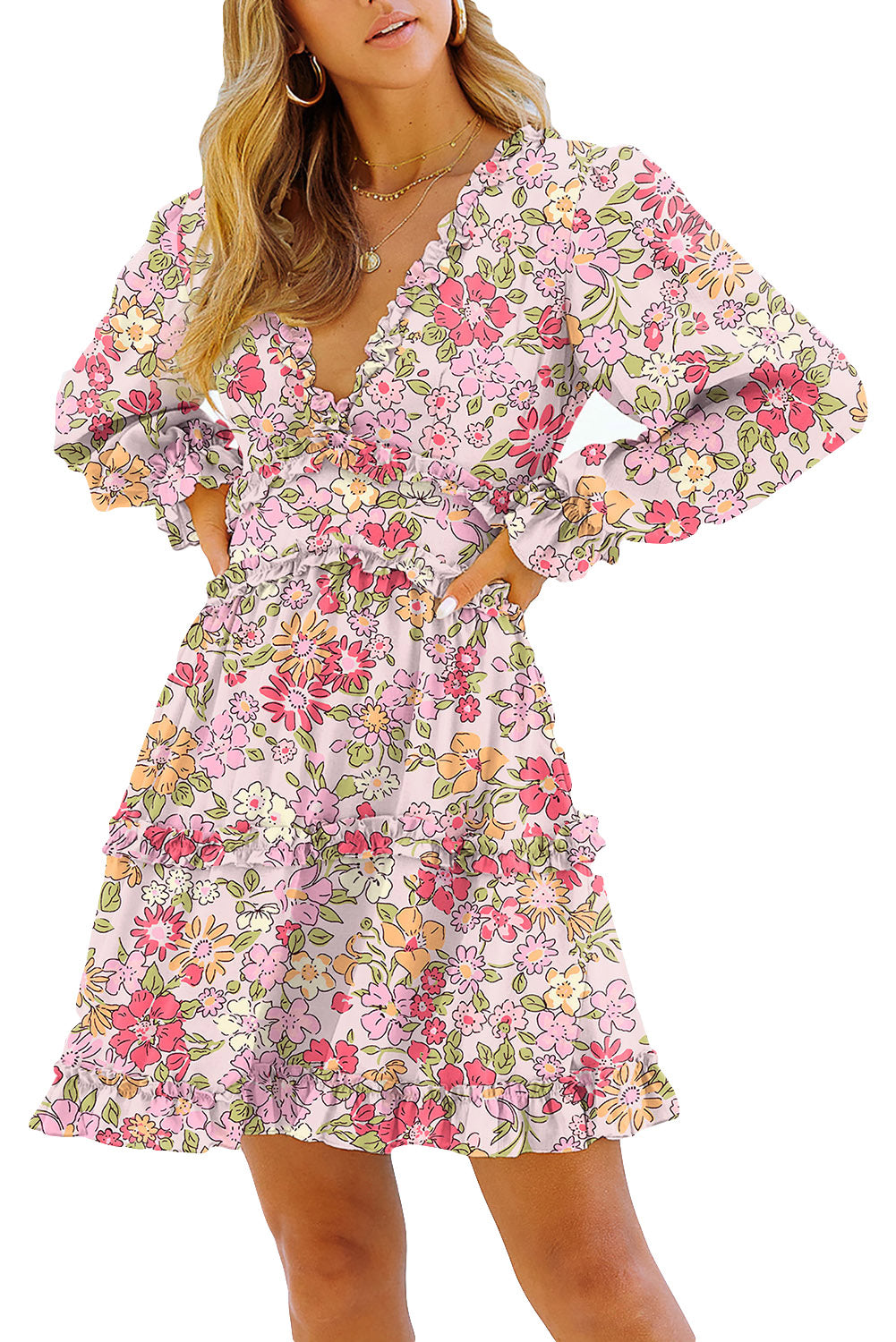 Pink Ruffled Long Sleeve Floral Mini Dress Dresses JT's Designer Fashion