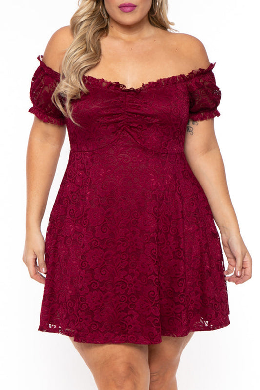 Red Lace Frill Bubble Sleeve Off Shoulder Plus Size Dress Red 90%Polyamide+10%Elastane Plus Size Dresses JT's Designer Fashion