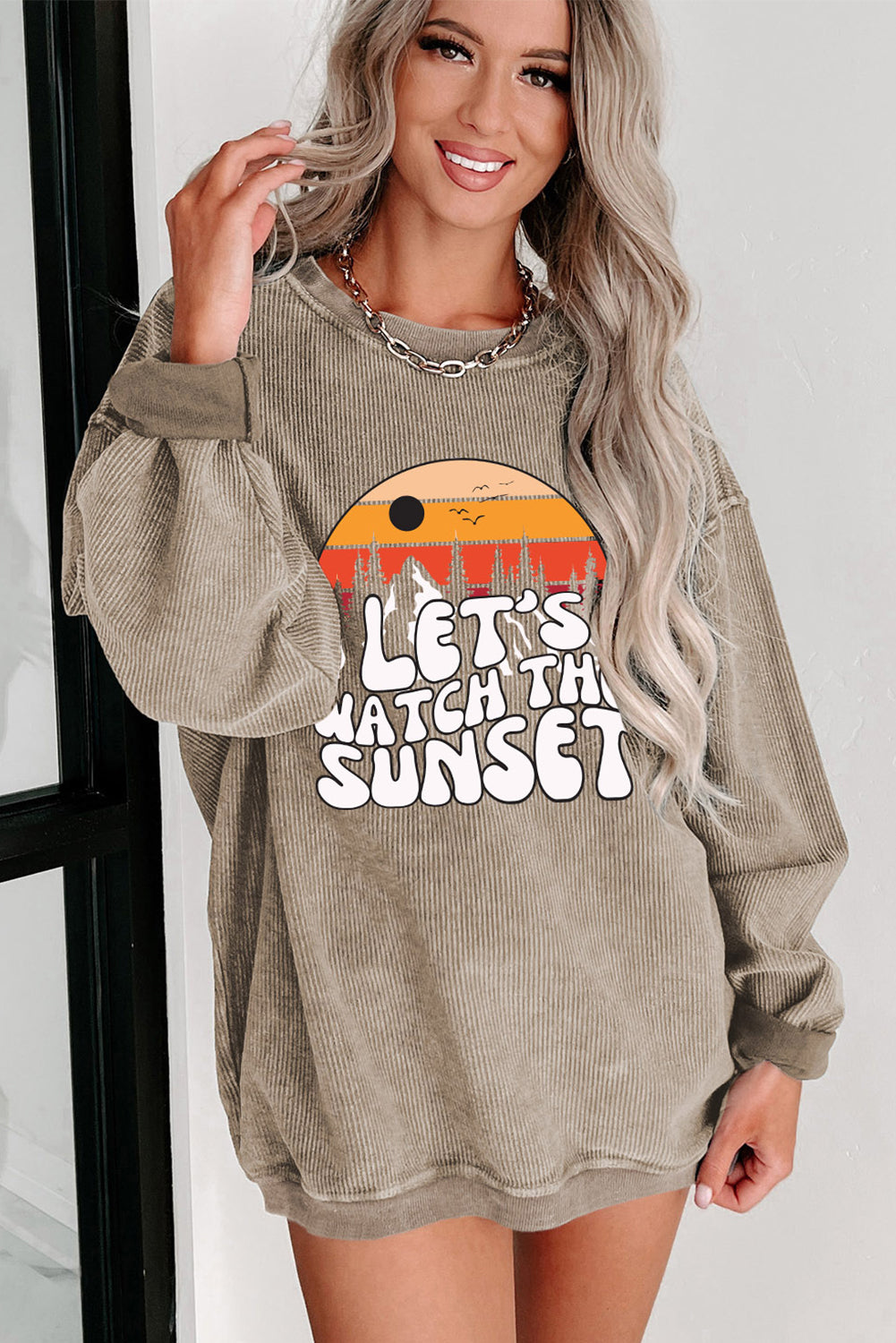 Khaki LET Graphic Sweatshirts JT's Designer FashionS WATCH THE SUNSET Graphic Corduroy Sweatshirt Graphic Sweatshirts JT's Designer Fashion